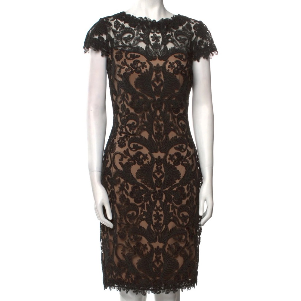 Tadashi Shoji Black Lace and Mesh Dress with Tan Lining